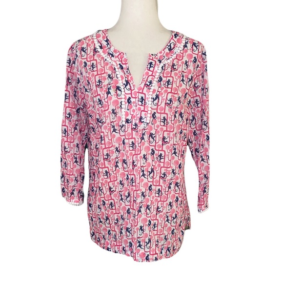 Talbots Monkey Print Pink and Navy Blue Tunic Top - M - Picture 3 of 15